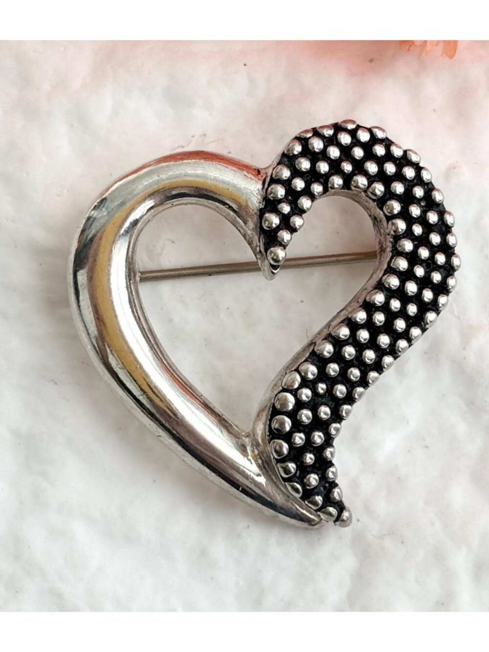 Beaded Silver Heart Shaped Silver Toned 80's Vintage Costume Jewelry Brooch